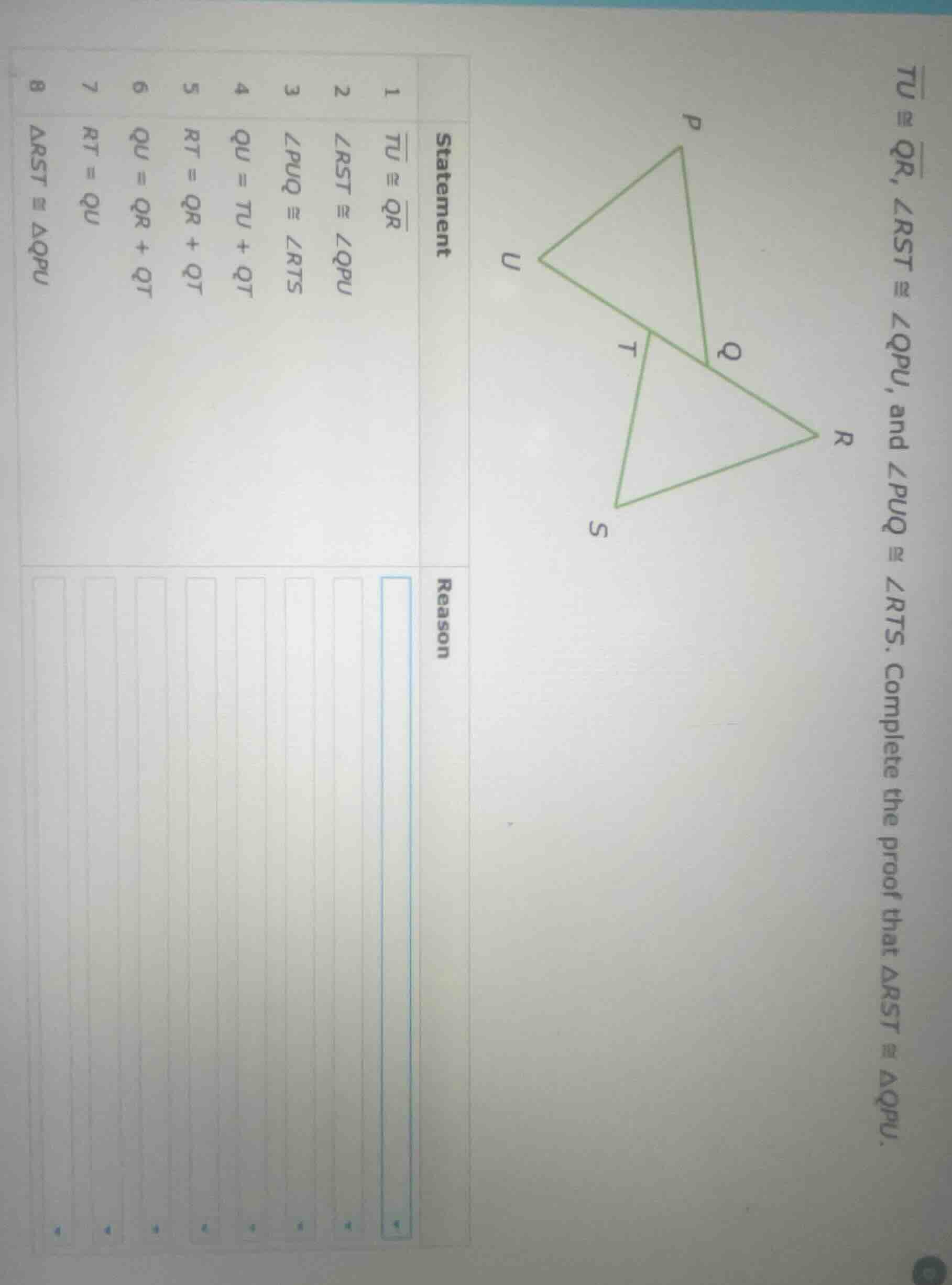 $\\overline{tu} \\cong \\overline{qr}$, $\\angle rst \\cong \\angle qpu…