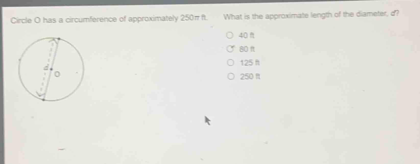 circle o has a circumference of approximately 250π ft. what is the appr…