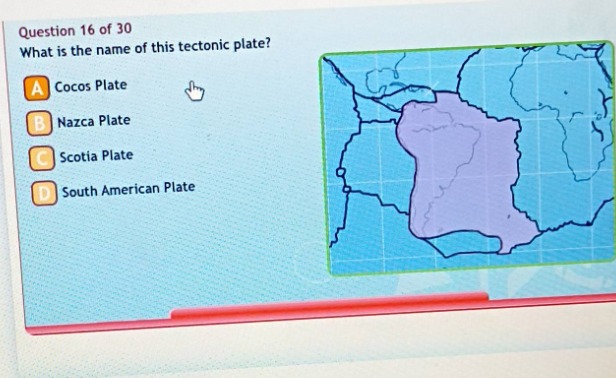 question 16 of 30 what is the name of this tectonic plate? a cocos plat…