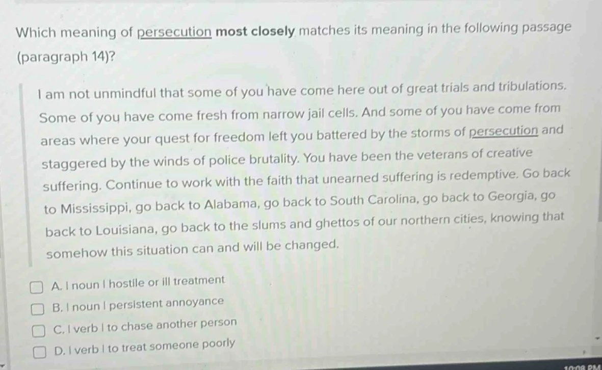 which meaning of persecution most closely matches its meaning in the fo…