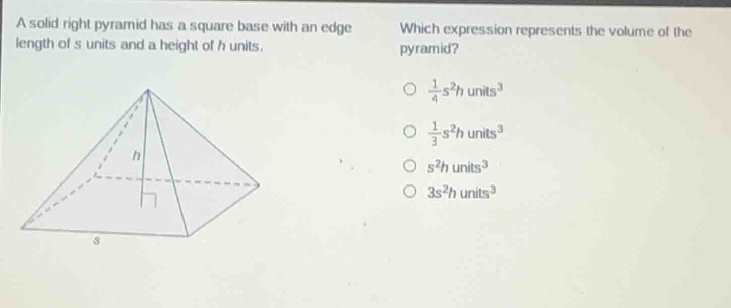 a solid right pyramid has a square base with an edge length of s units …