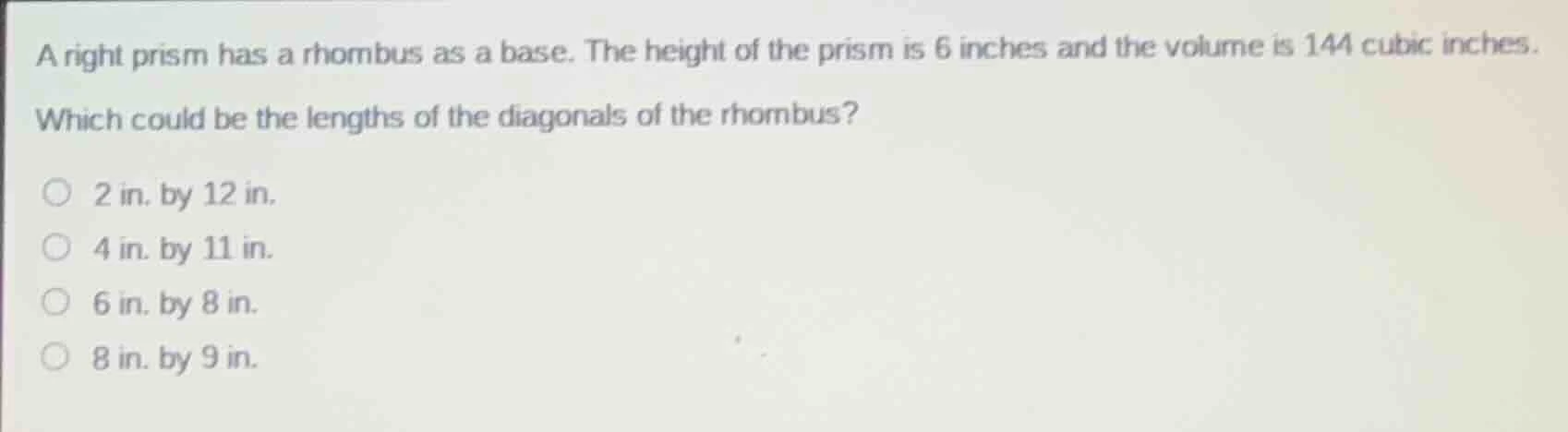a right prism has a rhombus as a base. the height of the prism is 6 inc…