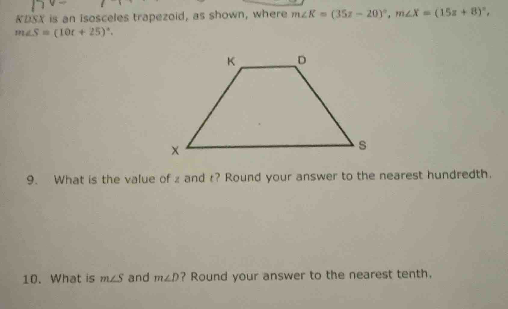 kdsx is an isosceles trapezoid, as shown, where ( mangle k = (35z - 20)…