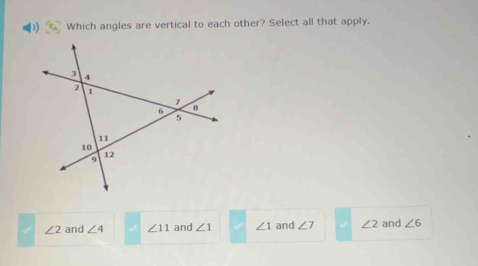 which angles are vertical to each other? select all that apply. ∠2 and …