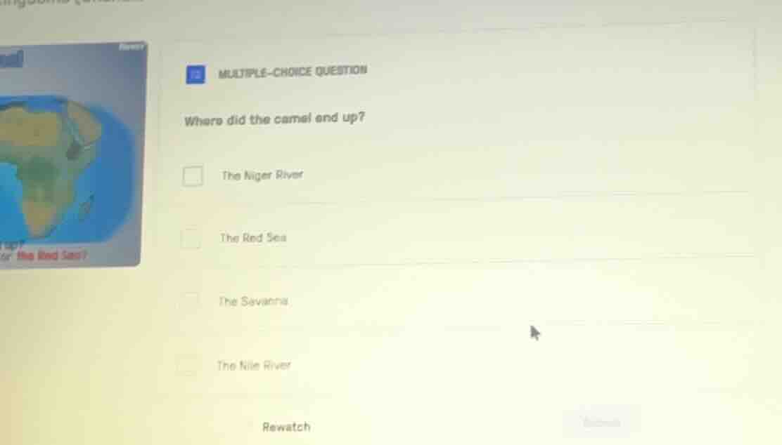 multiple-choice question where did the camel end up? the niger river th…