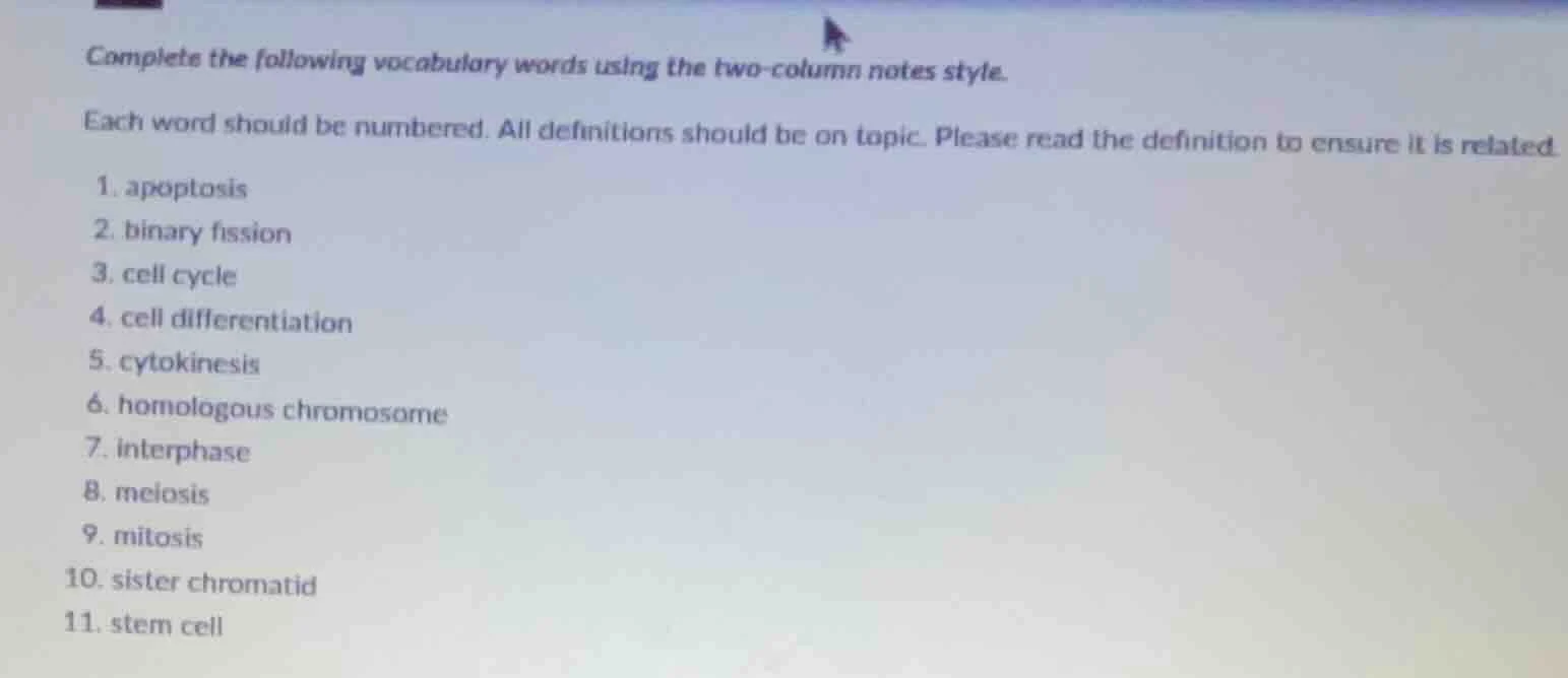 complete the following vocabulary words using the two - column notes st…