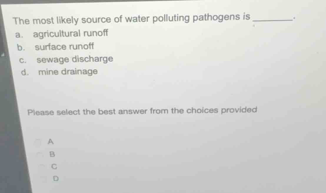 the most likely source of water polluting pathogens is ______. a. agric…