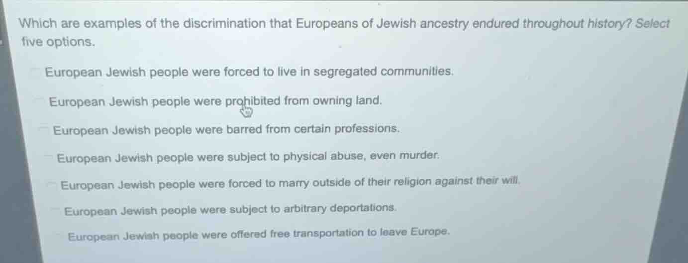 which are examples of the discrimination that europeans of jewish ances…