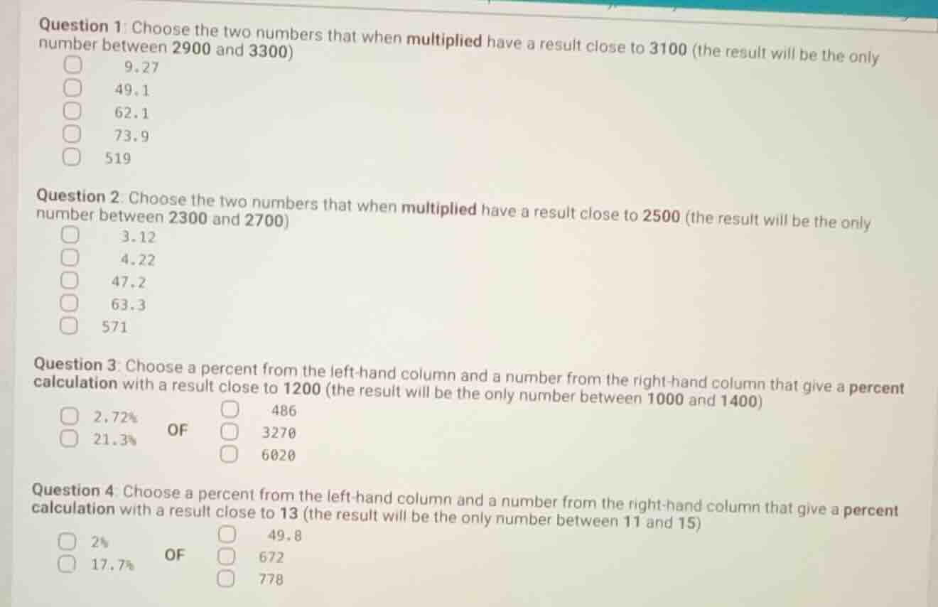 question 1: choose the two numbers that when multiplied have a result c…
