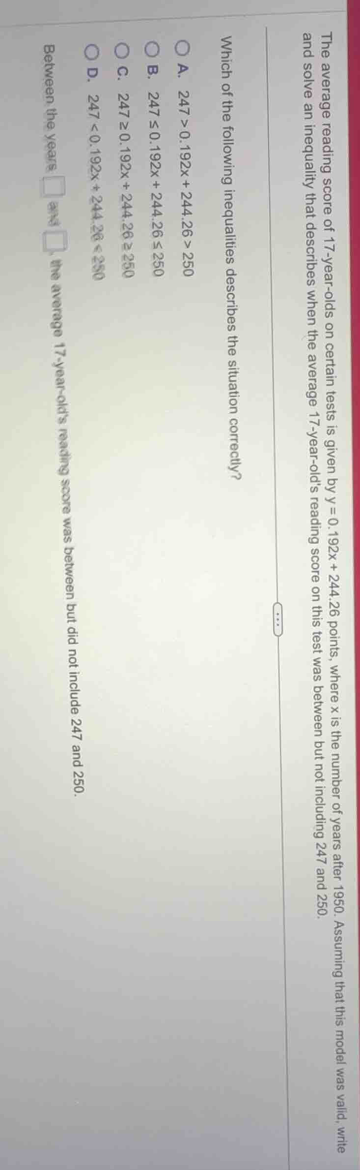 the average reading score of 17 - year - olds on certain tests is given…