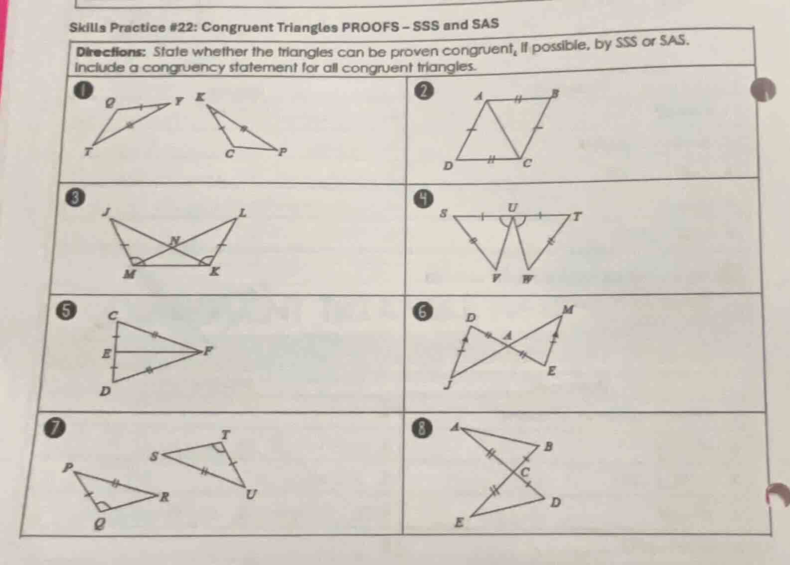 skills practice #22: congruent triangles proofs - sss and sas direction…