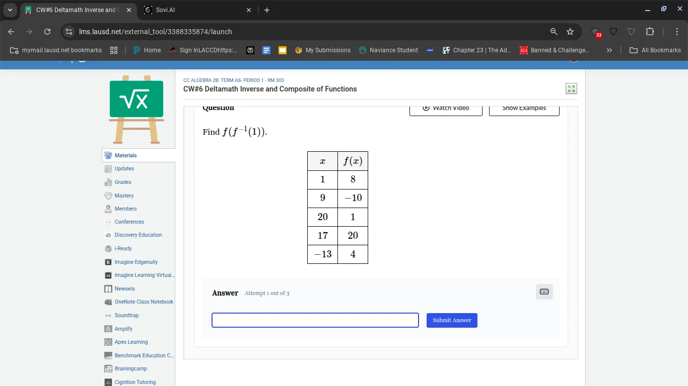 find $f(f^{-1}(1))$. | $x$ | $f(x)$ | | --- | --- | | $1$ | $8$ | | $9$…