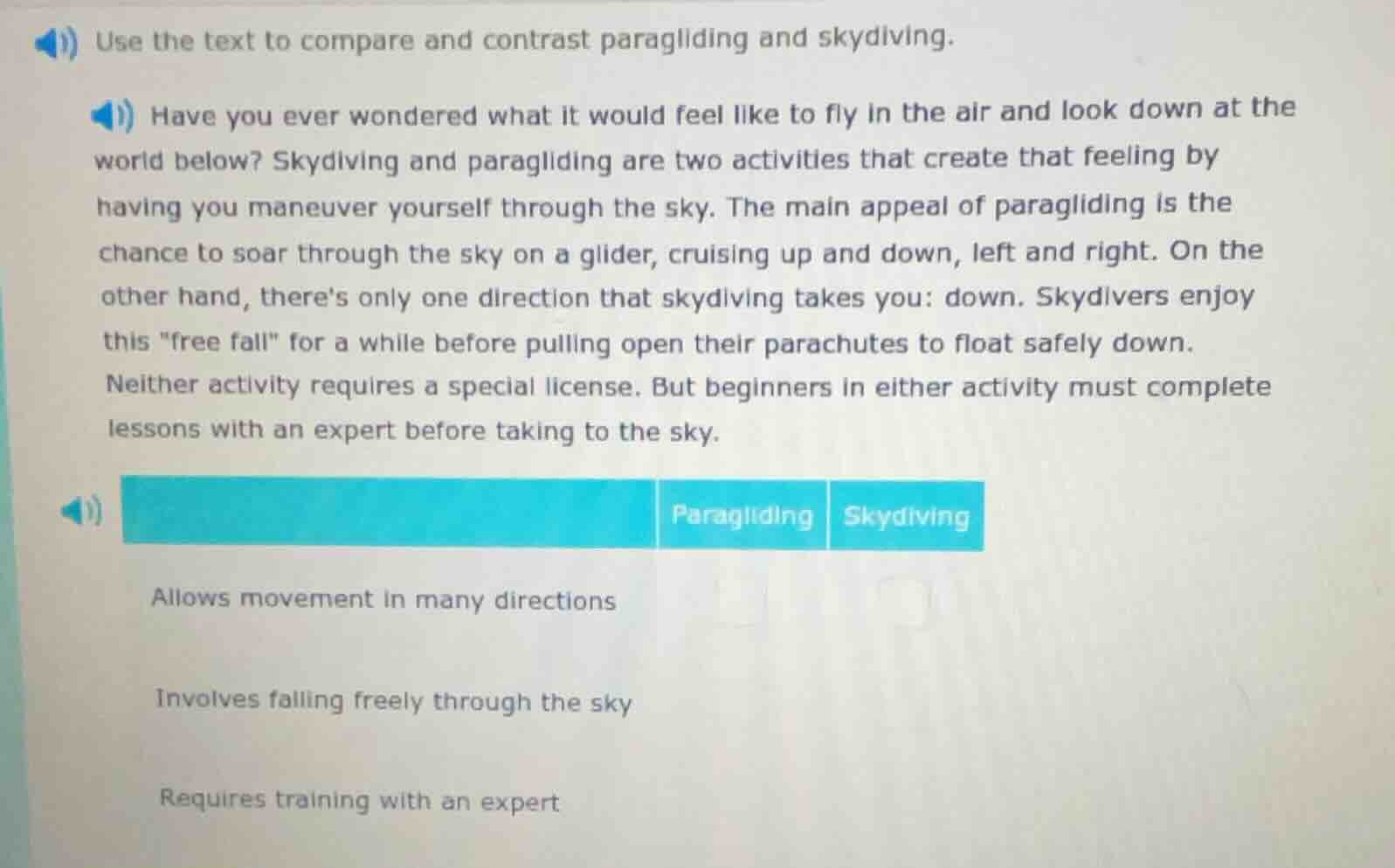 use the text to compare and contrast paragliding and skydiving. have yo…