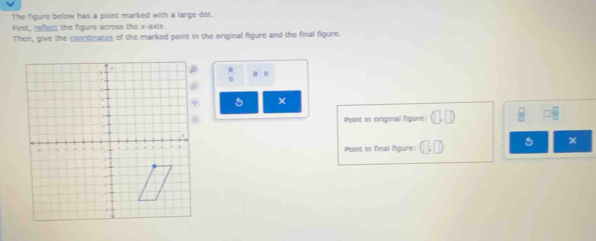 the figure below has a point marked with a large dot. first, reflect th…