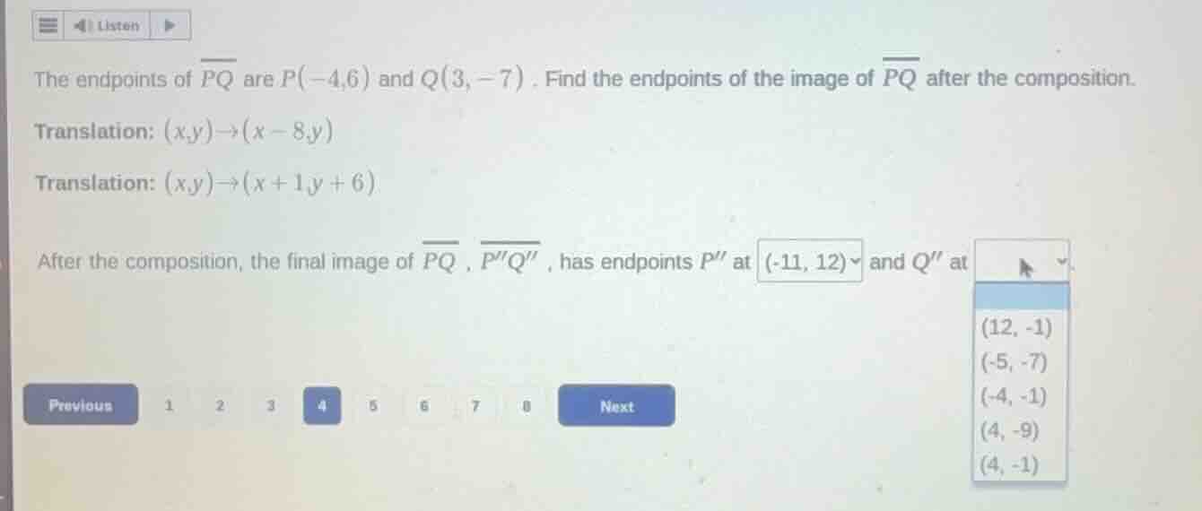 the endpoints of (overline{pq}) are (p(-4,6)) and (q(3,-7)). find the e…