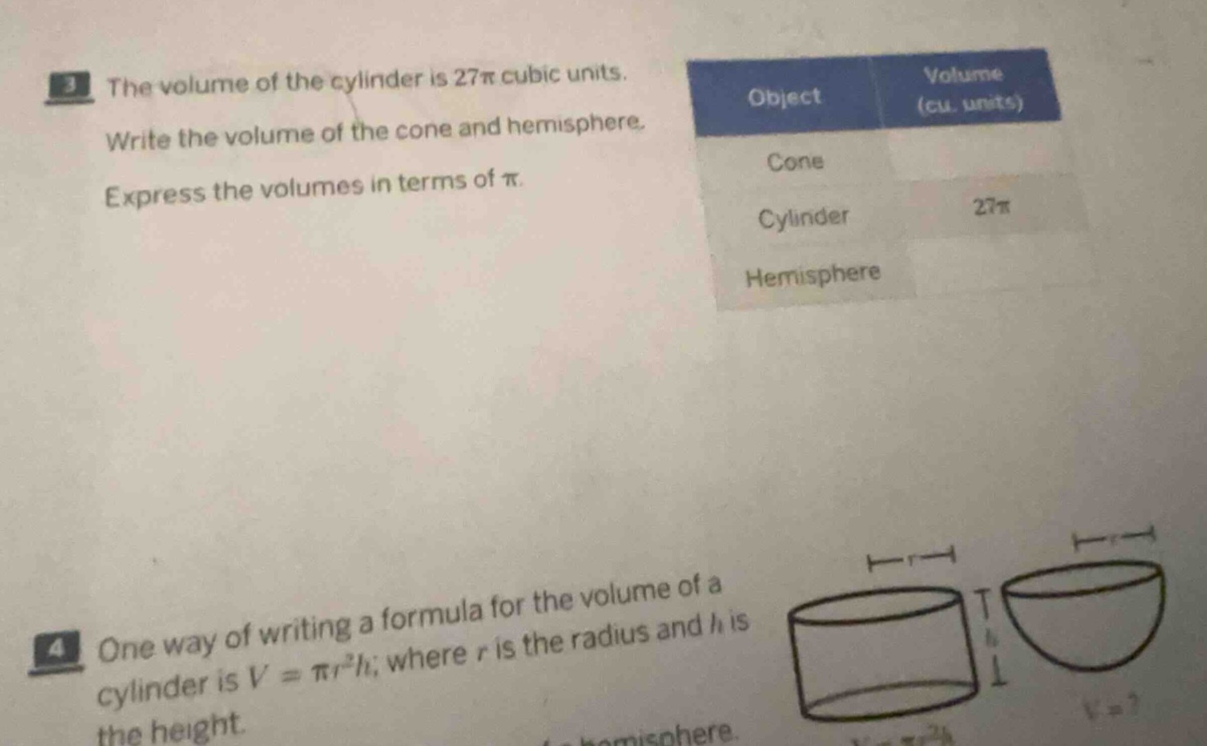 3 the volume of the cylinder is 27π cubic units. write the volume of th…