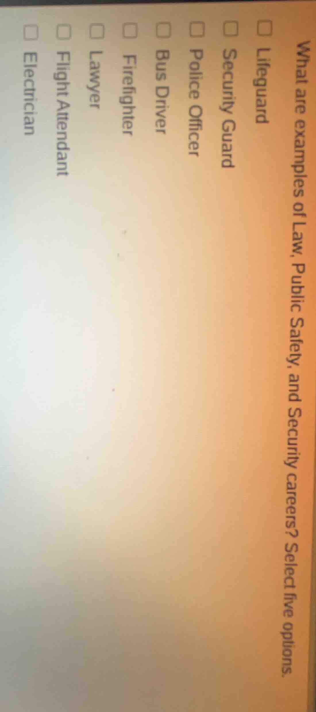 what are examples of law, public safety, and security careers? select f…