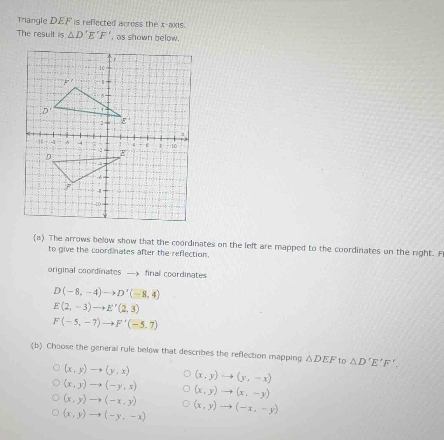 triangle def is reflected across the x-axis. the result is $\\triangle …