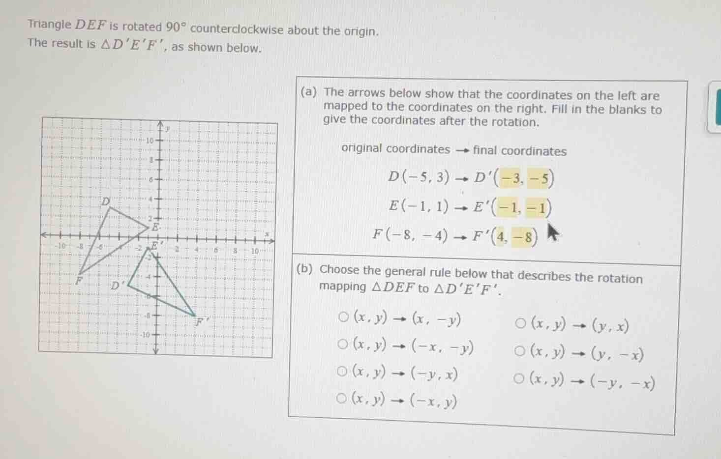 triangle def is rotated 90° counterclockwise about the origin. the resu…