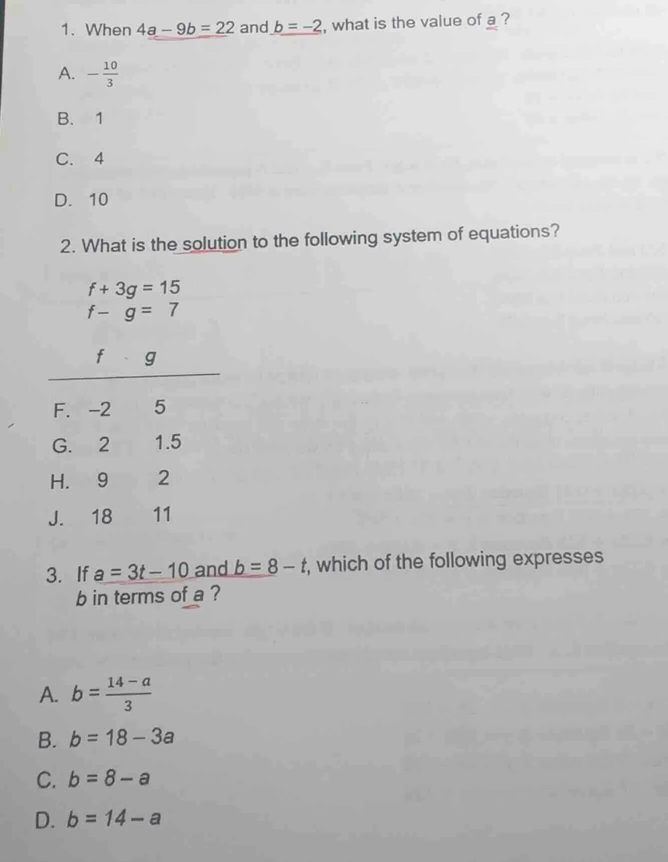 1. when 4a - 9b = 22 and b = -2, what is the value of a? a. $-\frac{10}…