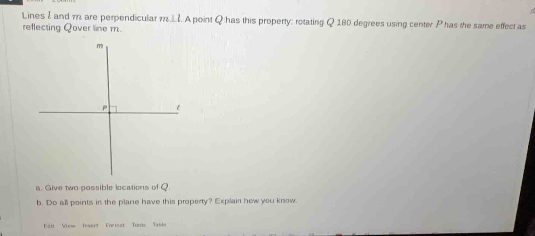 lines ( l ) and ( m ) are perpendicular ( m perp l ). a point ( q ) has…