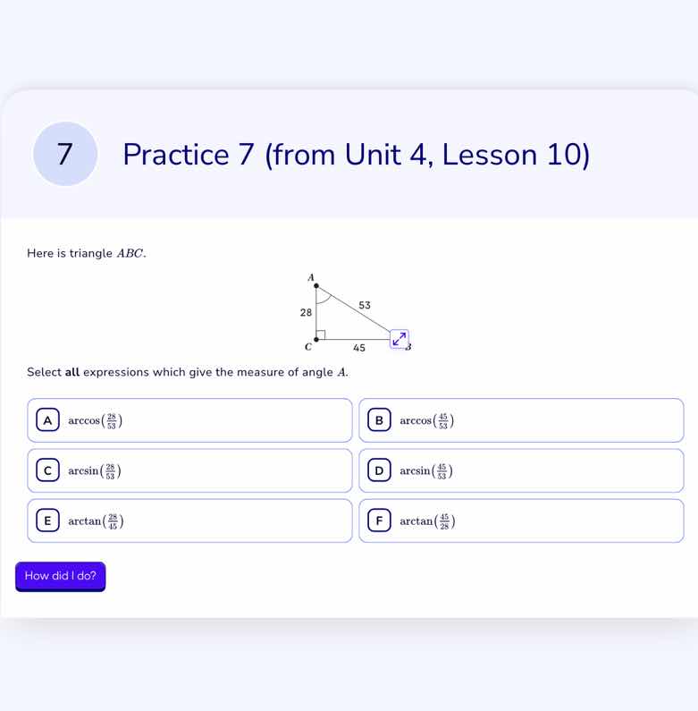 7 practice 7 (from unit 4, lesson 10) here is triangle abc. select all …