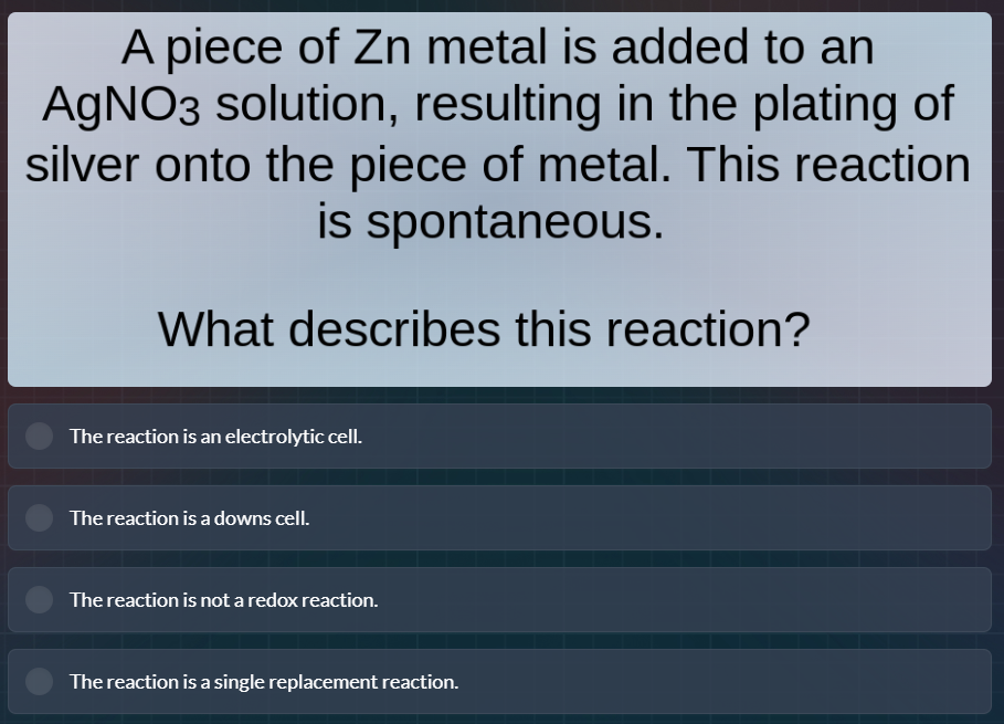 a piece of zn metal is added to an agno₃ solution, resulting in the pla…