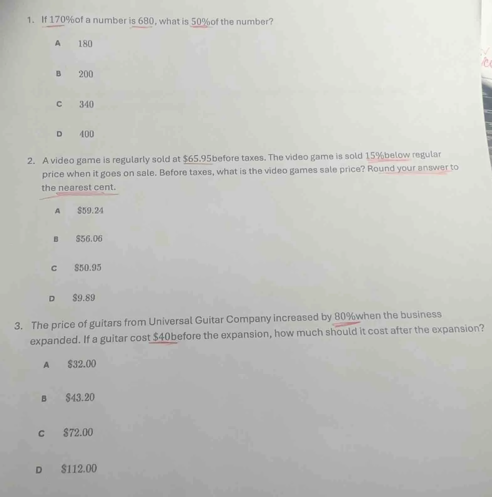 1. if 170%of a number is 680, what is 50%of the number? a 180 b 200 c 3…