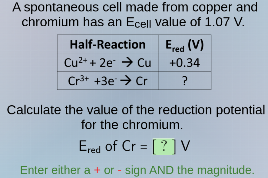a spontaneous cell made from copper and chromium has an ( e_{\text{cell…
