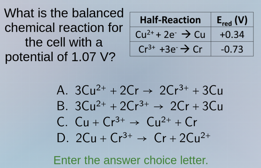 what is the balanced chemical reaction for the cell with a potential of…