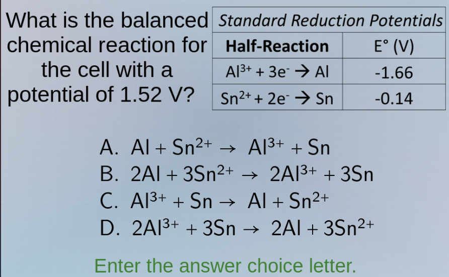 what is the balanced chemical reaction for the cell with a potential of…