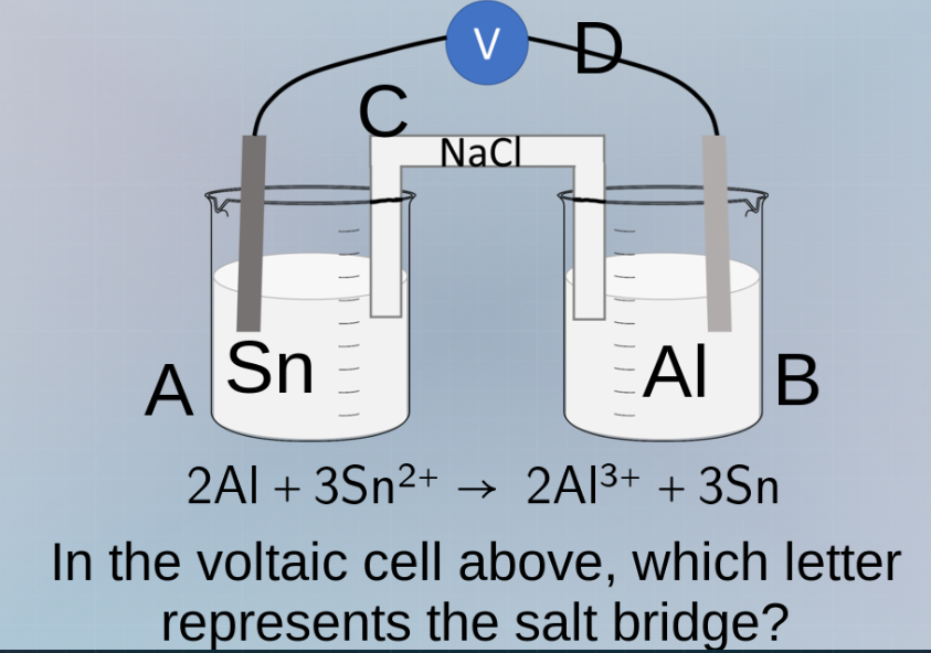 2al + 3sn²⁺ → 2al³⁺ + 3sn in the voltaic cell above, which letter repre…