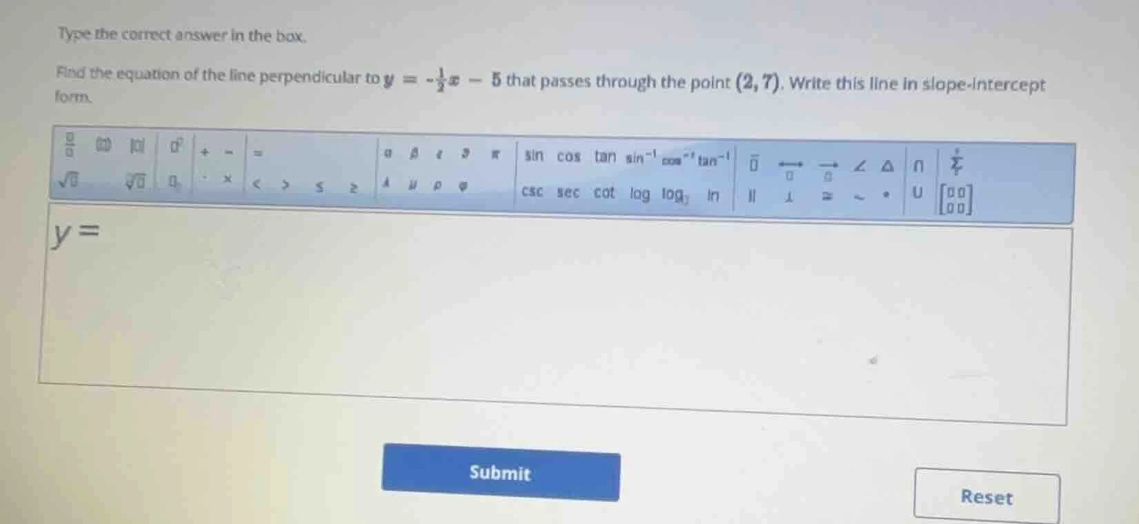 type the correct answer in the box. find the equation of the line perpe…