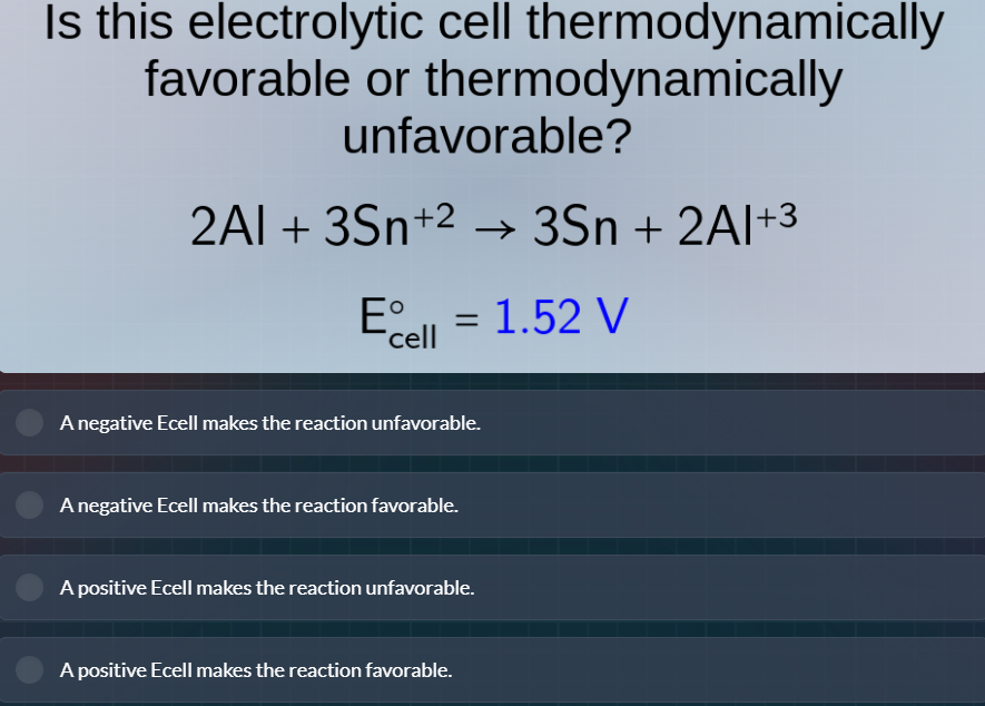is this electrolytic cell thermodynamically favorable or thermodynamica…