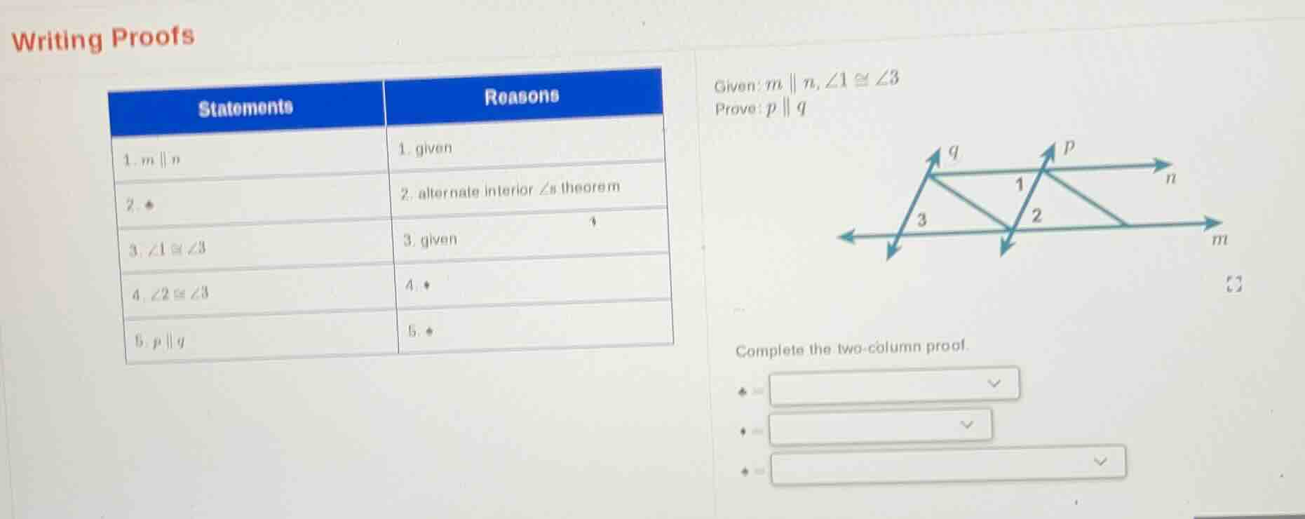 writing proofs given: ( m parallel n ), ( angle 1 cong angle 3 ) prove:…