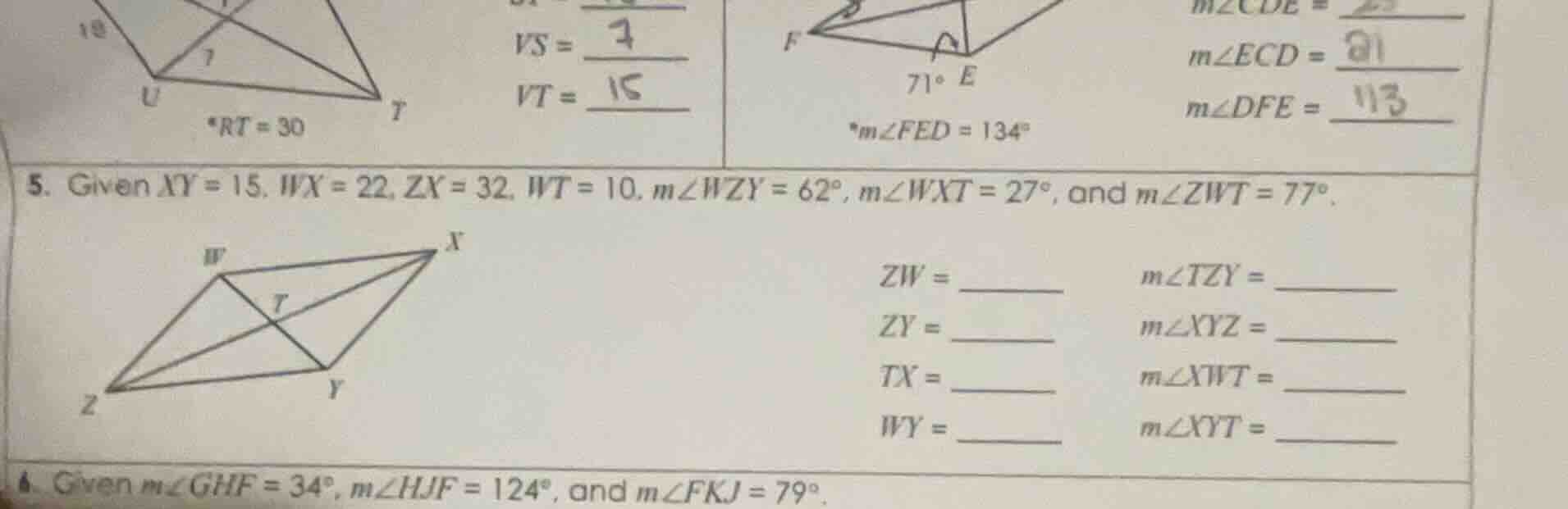 5. given xy = 15, wx = 22, zx = 32, wt = 10, ( mangle wzy = 62^circ ), …