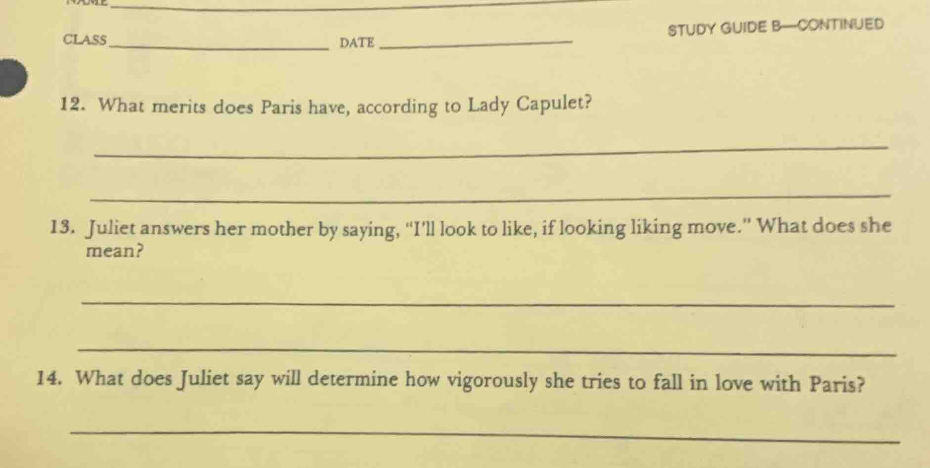 12. what merits does paris have, according to lady capulet? 13. juliet …
