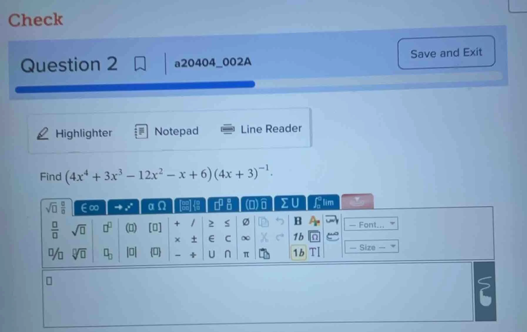 find ((4x^4 + 3x^3 - 12x^2 - x + 6)(4x + 3)^{-1}).