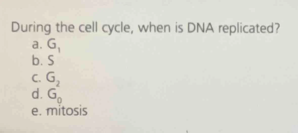 during the cell cycle, when is dna replicated? a. $g_1$ b. s c. $g_2$ d…