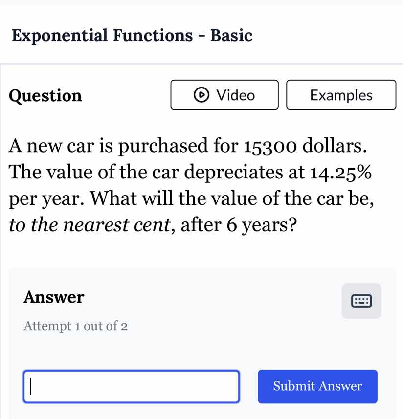exponential functions - basic question a new car is purchased for 15300…