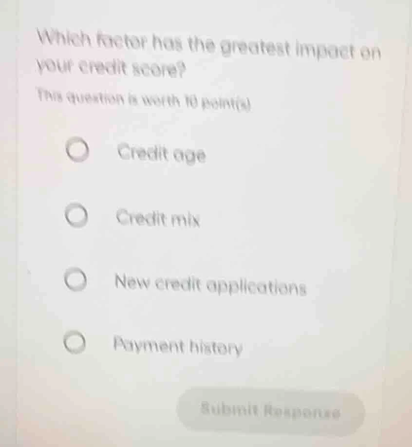 which factor has the greatest impact on your credit score? this questio…