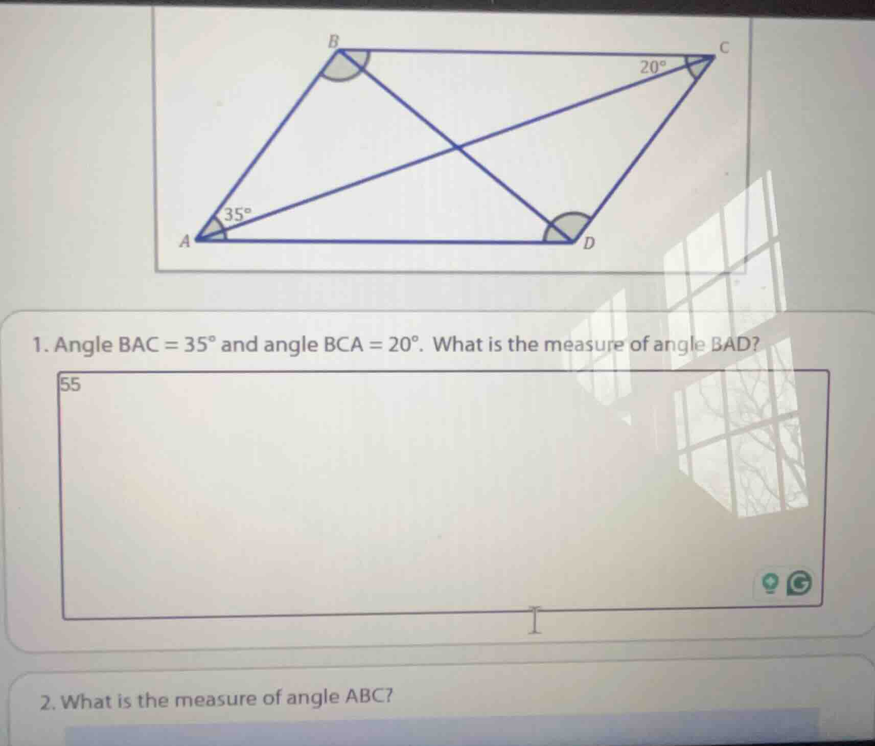 1. angle bac = 35° and angle bca = 20°. what is the measure of angle ba…