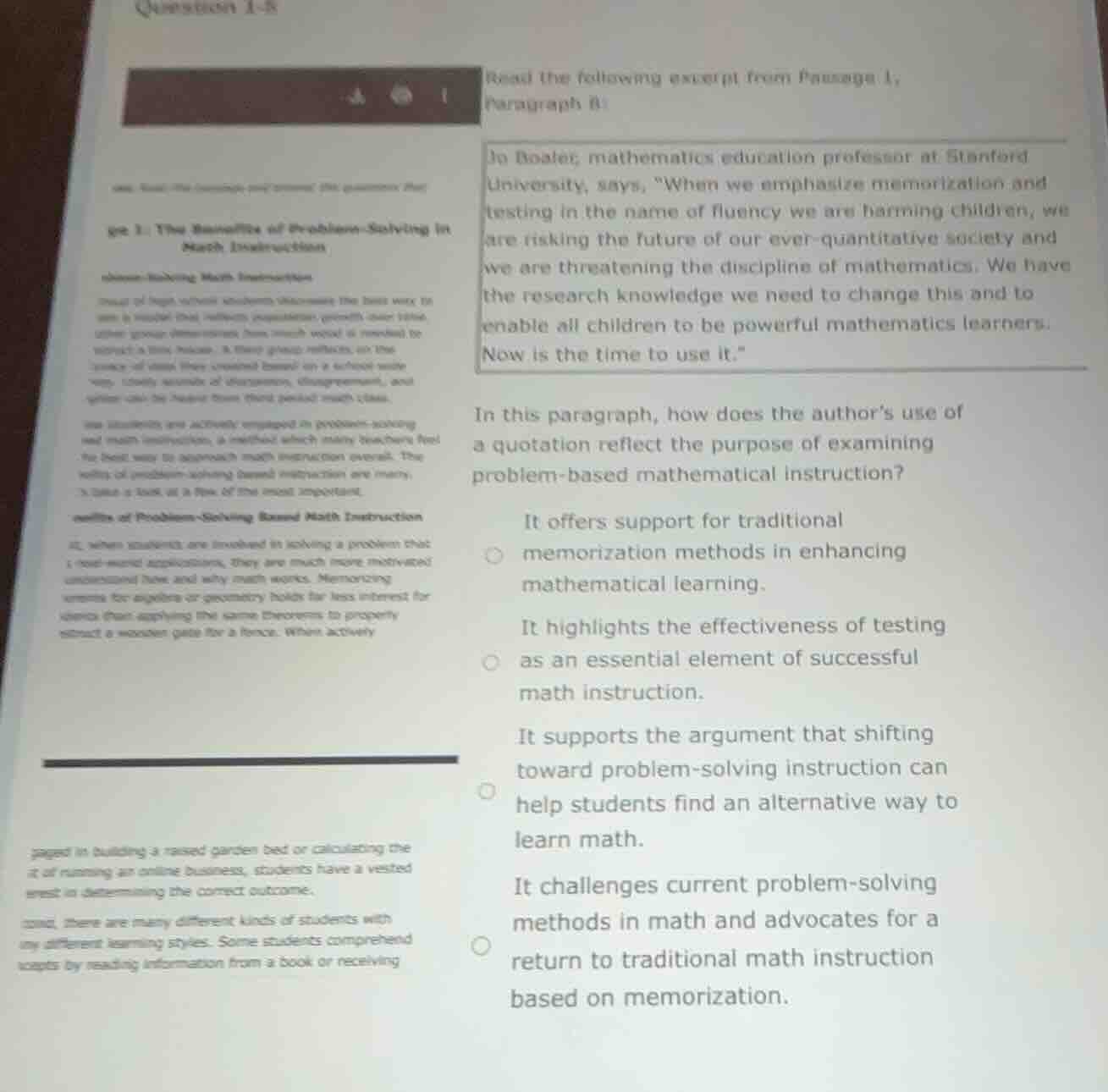 read the following excerpt from passage 1, paragraph 8: jo boaler, math…
