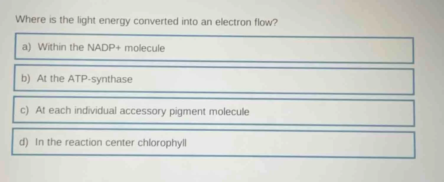 where is the light energy converted into an electron flow? a) within th…