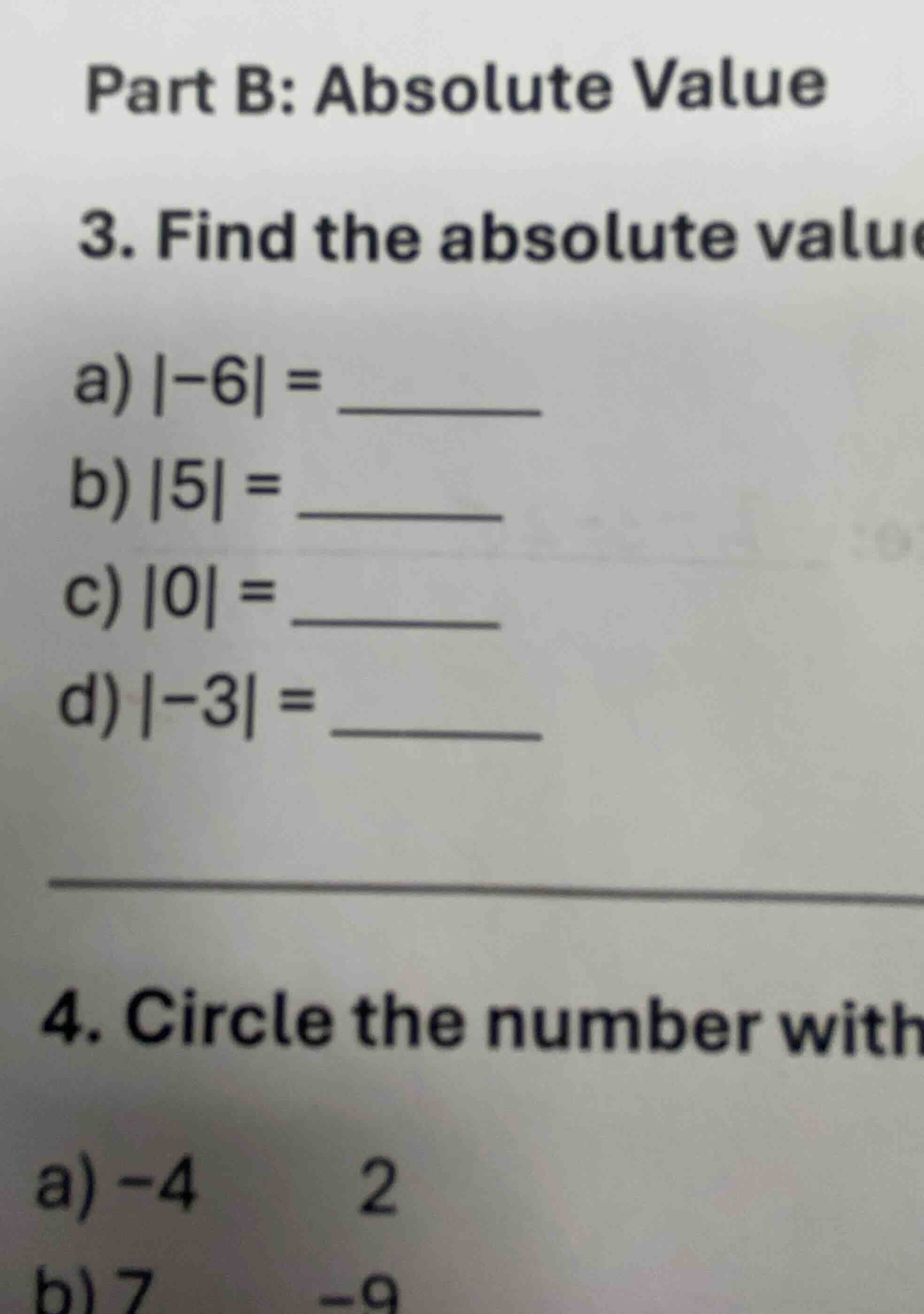 part b: absolute value 3. find the absolute valu a) |−6| = b) |5| = c) …