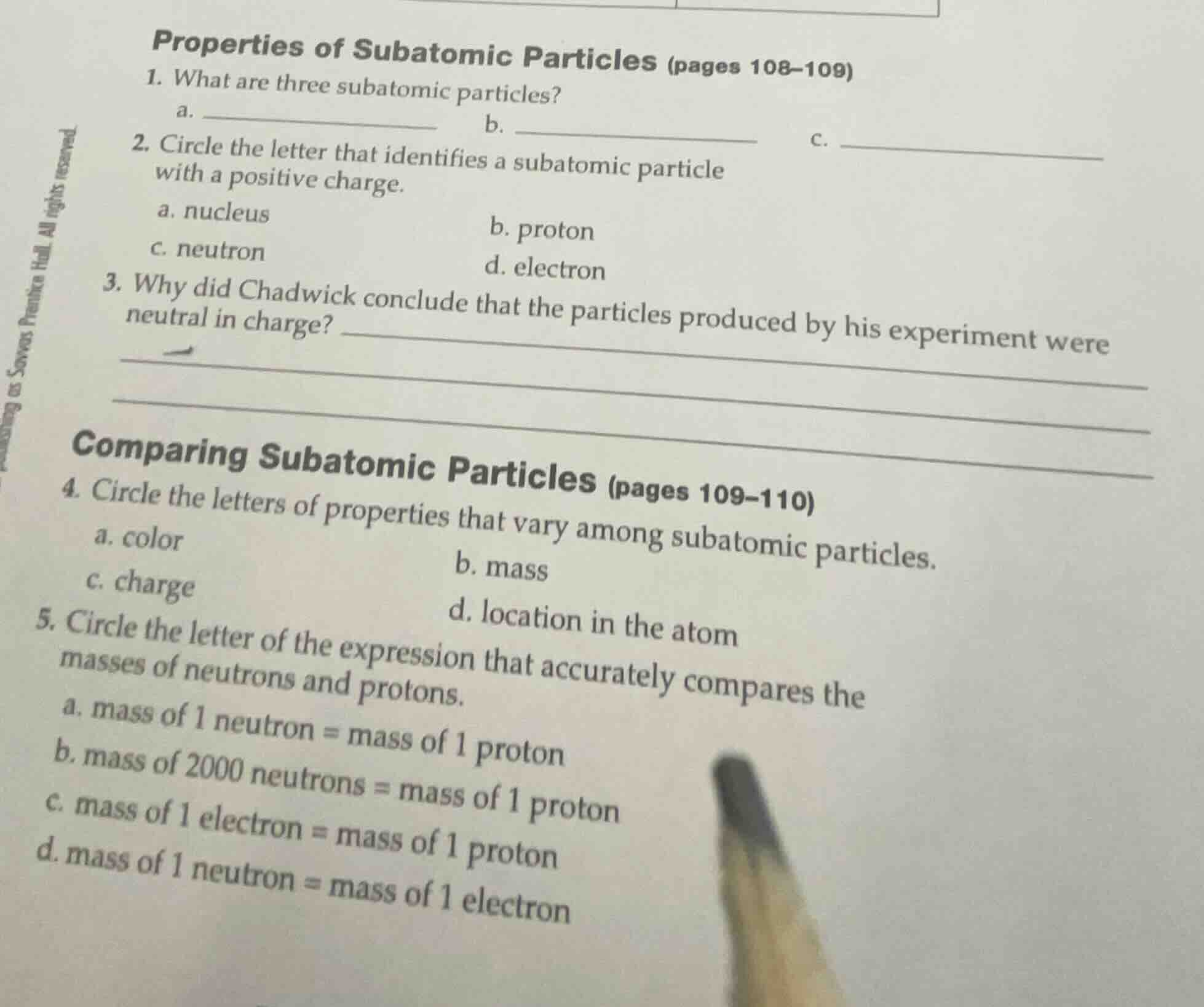 properties of subatomic particles (pages 108–109) 1. what are three sub…