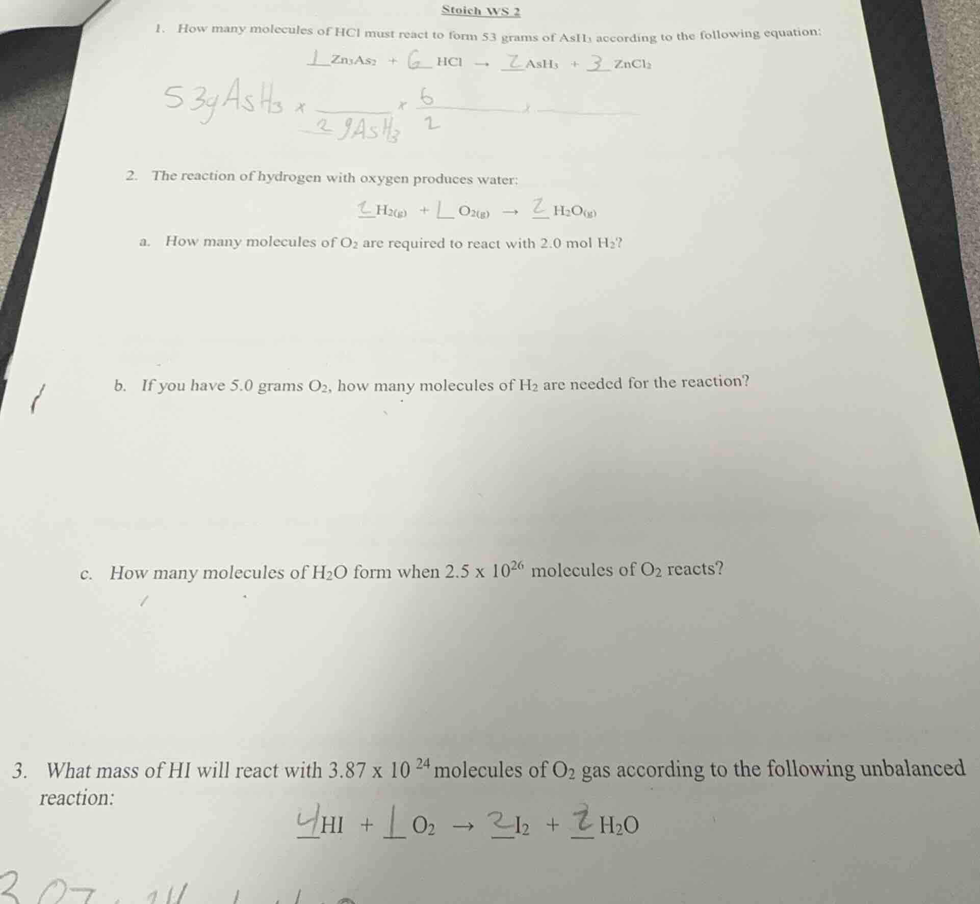 stoich ws 2 1. how many molecules of hcl must react to form 53 grams of…