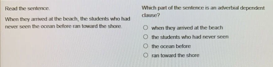 read the sentence. when they arrived at the beach, the students who had…