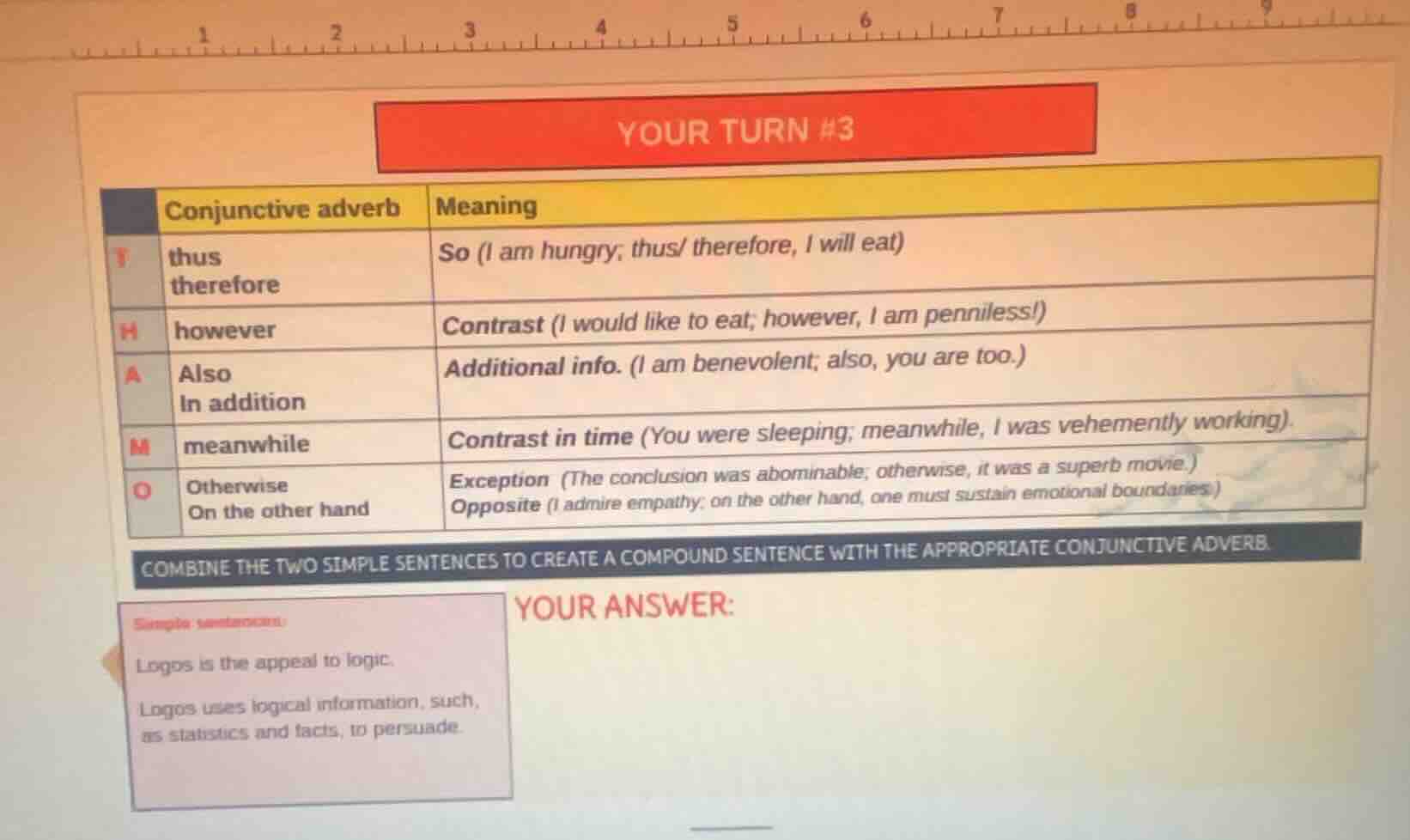 your turn #3 conjunctive adverb | meaning thus therefore | so (i am hun…