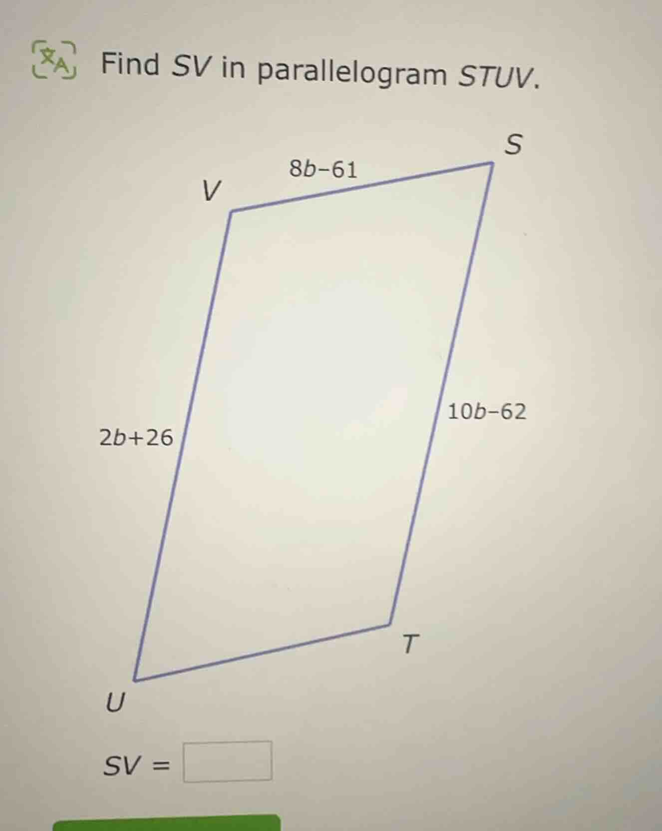 find sv in parallelogram stuv. sv =